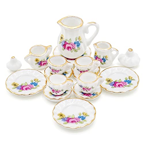 Odoria 1/12 Miniature Porcelain Tea Set 15Pcs Dollhouse Decoration Accessories, Pink Blossom