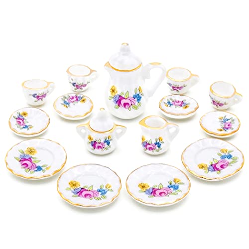 Odoria 1/12 Miniature Porcelain Tea Set 15Pcs Dollhouse Decoration Accessories, Pink Blossom