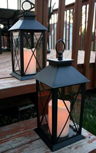 black decorative led lantern with cross bar design - pillar candle with 5 hour timer included - hanging or sitting decoration - set of 2 - 13"h