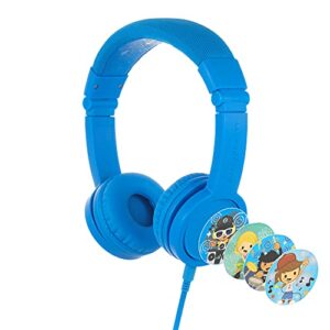 onanoff buddyphones explore+, volume-limiting kids headphones, foldable and durable, built-in audio sharing cable with in-line mic, best for kindle, ipad, iphone and android devices, cool blue