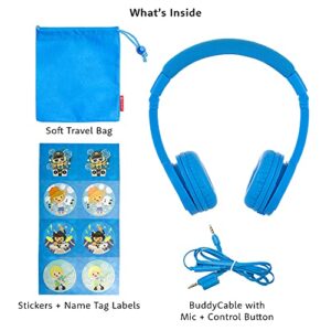 ONANOFF BuddyPhones Explore+, Volume-Limiting Kids Headphones, Foldable and Durable, Built-in Audio Sharing Cable with in-Line Mic, Best for Kindle, iPad, iPhone and Android Devices, Cool Blue