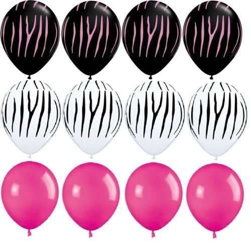 LOONBALLOON Zebra Stripes Print Black White HOT Pink Jungle (12) Party Latex Balloons Set