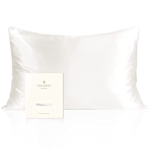 YANIBEST Silk Pillowcase for Hair and Skin 22 Momme 600 Thread Count 100% Mulberry Silk Bed Pillowcase with Hidden Zipper, 1 Pack Standard Size Pillow Case White