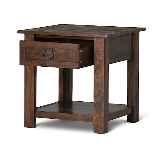 SIMPLIHOME Monroe Solid Acacia Wood 22 inch wide Square Rustic End Side Table in Distressed Charcoal Brown with Storage, 1 Drawer, for the Living Room and Bedroom