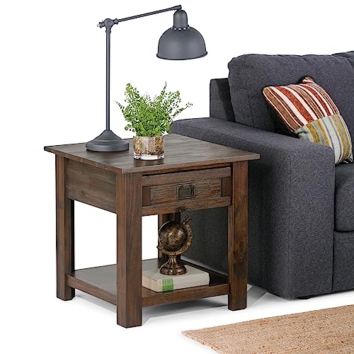 SIMPLIHOME Monroe Solid Acacia Wood 22 inch wide Square Rustic End Side Table in Distressed Charcoal Brown with Storage, 1 Drawer, for the Living Room and Bedroom