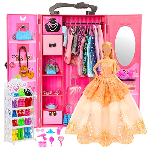 BARWA Fashion Closet Wardrobe 107 Pcs Doll Accessories 16 Pack Doll Clothes 1 Shoes Rack 84 Pcs Different Shoes Hanger Crown Necklace Glasses Doll Accessories Xmas Gift