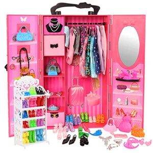 BARWA Fashion Closet Wardrobe 107 Pcs Doll Accessories 16 Pack Doll Clothes 1 Shoes Rack 84 Pcs Different Shoes Hanger Crown Necklace Glasses Doll Accessories Xmas Gift