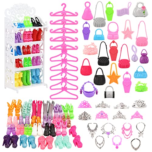 BARWA Fashion Closet Wardrobe 107 Pcs Doll Accessories 16 Pack Doll Clothes 1 Shoes Rack 84 Pcs Different Shoes Hanger Crown Necklace Glasses Doll Accessories Xmas Gift