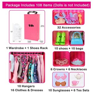 BARWA Fashion Closet Wardrobe 107 Pcs Doll Accessories 16 Pack Doll Clothes 1 Shoes Rack 84 Pcs Different Shoes Hanger Crown Necklace Glasses Doll Accessories Xmas Gift