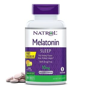 natrol melatonin 10mg, citrus flavored dietary supplement for restful sleep, 100 fast-dissolve tablets, 100 day supply