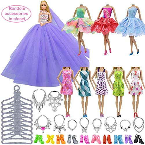 ZITA ELEMENT 34 Pcs 11.5 Inch Girl Doll Closet Wardrobe Set for 11.5 Inch Girl Doll Clothes and Accessories - Including Handbag Style Closet, Dresses, Swimsuits, Shoes, Hangers and Necklaces