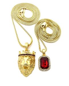 gold tone micro colorful gemstone king crown lion head pendant 2mm 24", 30" box chain 2 necklace set (gold + red)