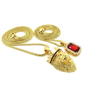 Gold Tone Micro Colorful Gemstone King Crown Lion Head Pendant 2mm 24", 30" Box Chain 2 Necklace Set (Gold + Red)