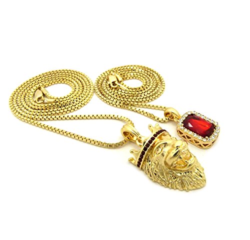 Gold Tone Micro Colorful Gemstone King Crown Lion Head Pendant 2mm 24", 30" Box Chain 2 Necklace Set (Gold + Red)