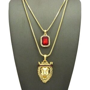 Gold Tone Micro Colorful Gemstone King Crown Lion Head Pendant 2mm 24", 30" Box Chain 2 Necklace Set (Gold + Red)