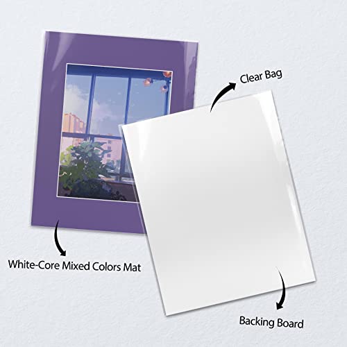 Golden State Art, Pack of 25 Mixed Colors Pre-Cut 11x14 Picture Mat for 8x10 Photo with White Core Bevel Cut Mattes Sets. Includes 25 High Premier Acid Free Mats & 25 Backing Board & 25 Clear Bags