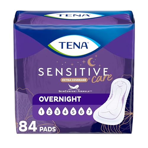 TENA Incontinence Pads, Bladder Control & Postpartum for Women, Overnight Absorbency, Extra Coverage, Sensitive Care - 84 Count