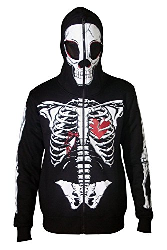 SKYLINEWEARS Men Full Face Mask Skeleton Skull Hoodie Sweatshirt Halloween Costume Hoodie Black S