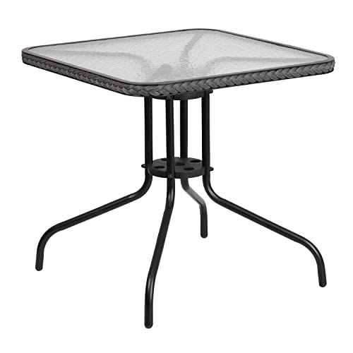 Flash Furniture Barker 28'' Square Tempered Glass Metal Table with Gray Rattan Edging