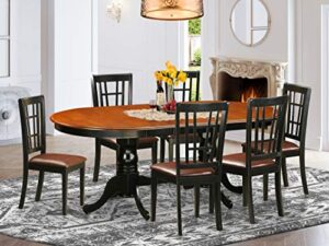 east west furniture plni7-bch-lc plainville 7 piece modern set consist of an oval wooden table with butterfly leaf and 6 faux leather dining room chairs, 42x78 inch, black & cherry