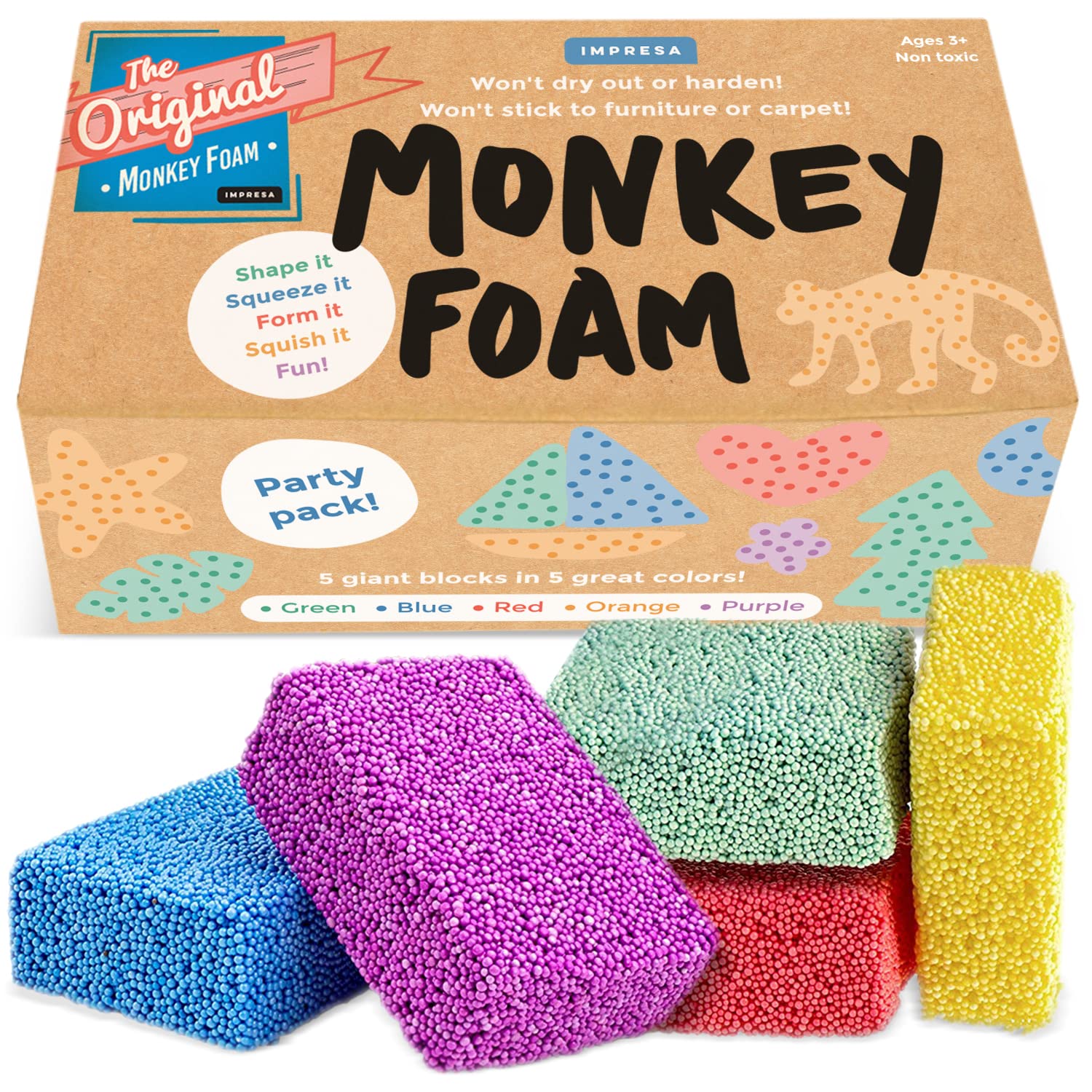 IMPRESA Original Monkey Foam - 5 Giant Blocks in 5 Great Colors - Excellent for Creative Play - Educational Classroom Pack Size - Never Dries Out