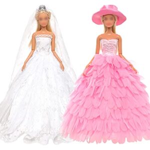 barwa white wedding dress with veil and pink princess evening party clothes wears gown dress outfit with hat for 11.5 inch girl doll