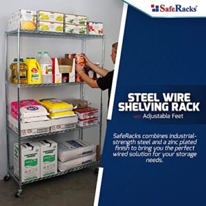 SafeRacks NSF Certified Storage Shelves, Heavy Duty Steel Wire Shelving Unit with Wheels and Adjustable Feet, Used as Pantry Shelf, Garage or Bakers Rack Kitchen Shelving - (18"x48"x72" 4-Tier)