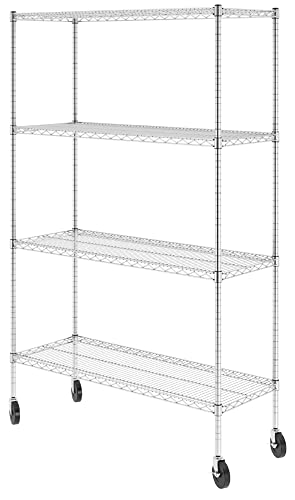 SafeRacks NSF Certified Storage Shelves, Heavy Duty Steel Wire Shelving Unit with Wheels and Adjustable Feet, Used as Pantry Shelf, Garage or Bakers Rack Kitchen Shelving - (18"x48"x72" 4-Tier)