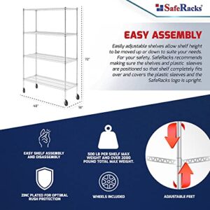 SafeRacks NSF Certified Storage Shelves, Heavy Duty Steel Wire Shelving Unit with Wheels and Adjustable Feet, Used as Pantry Shelf, Garage or Bakers Rack Kitchen Shelving - (18"x48"x72" 4-Tier)