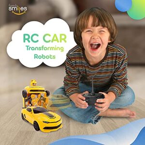 Kids RC Toy Sports Car Transforming Robot Remote Control with One Button Transformation, Realistic Engine Sounds, 360 Speed Drifting, Sword and Shield Included Toys For Boys 1:14 Scale Yellow