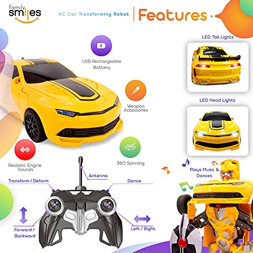 Kids RC Toy Sports Car Transforming Robot Remote Control with One Button Transformation, Realistic Engine Sounds, 360 Speed Drifting, Sword and Shield Included Toys For Boys 1:14 Scale Yellow