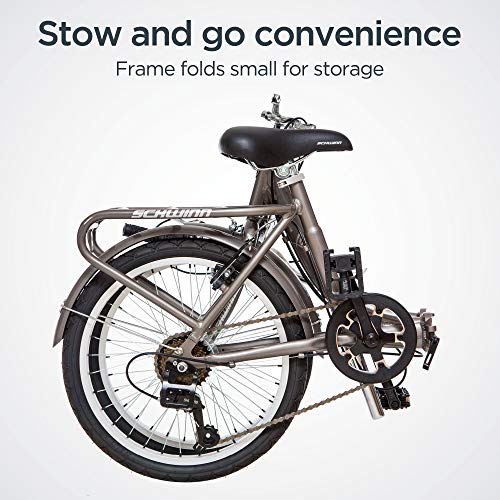 Schwinn Loop Adult Folding Bike for Men and Women, 20-inch Wheels, 7-Speed Drivetrain, Rear Cargo Rack, Carrying Bag, Silver
