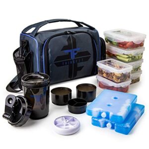 thinkfit insulated meal prep lunch box with 6 food portion control containers - bpa-free, reusable, microwavable, freezer safe - with shaker cup, pill organizer, shoulder strap & storage pocket (blue)