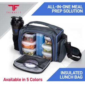 ThinkFit Insulated Meal Prep Lunch Box with 6 Food Portion Control Containers - BPA-Free, Reusable, Microwavable, Freezer Safe - With Shaker Cup, Pill Organizer, Shoulder Strap & Storage Pocket (Blue)