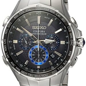 SEIKO SSG009 Watch for Men - Coutura Collection - Radio Sync Solar Chronograph, Stainless Steel Case & Bracelet, Black Dial with Lumibrite Hands & Markers, and Date Calendar