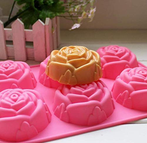 BAKER DEPOT Silicone Mold for Handmade Soap Cake Jelly Pudding Chocolate 6 Cavity Rose Flower Design, Set of 2 pink