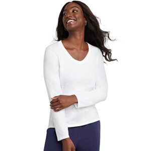 hanes women's originals long sleeve cotton t-shirt, lightweight v-neck tee, modern fit, white, large