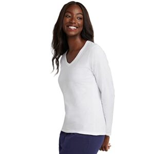 Hanes Women's Originals Long Sleeve Cotton T-Shirt, Lightweight V-Neck Tee, Modern Fit, White, Large