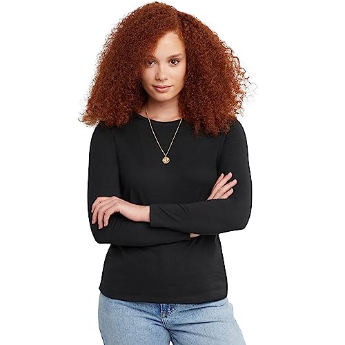 Hanes Women's Originals Long Sleeve Cotton T-Shirt, Lightweight Crewneck Tee, Modern Fit, Ebony, Small