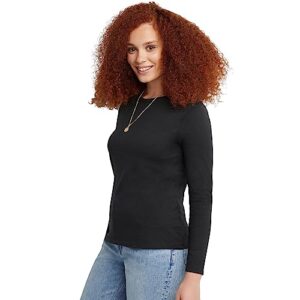 Hanes Women's Originals Long Sleeve Cotton T-Shirt, Lightweight Crewneck Tee, Modern Fit, Ebony, Small