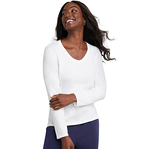 Hanes Women's Originals Long Sleeve Cotton T-Shirt, Lightweight V-Neck Tee, Modern Fit, White, X-Large