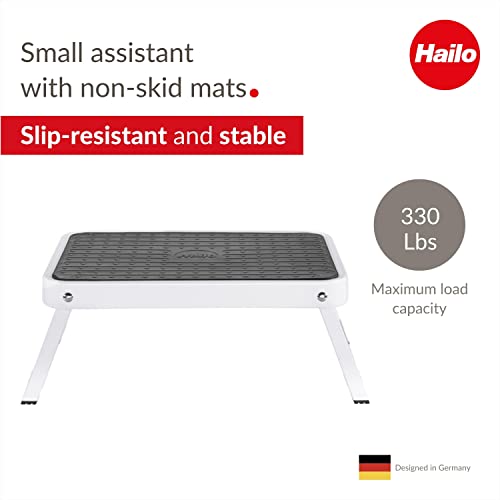 Hailo OneStep | Steel step | One large step with non-skid mat | Folding safety mechanism with unlocking button | Easy storage | Lightweight | White