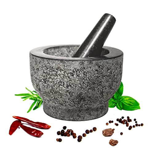 HiCoup Kitchenware 6-Inch Granite Mortar & Pestle Set for Spices, Herbs, Guacamole