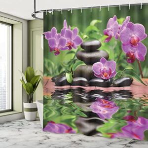Ambesonne Spa Shower Curtain, Basalt Stones and Orchid Reflecting on Water Greenery Wellbeing Tropical, Cloth Fabric Bathroom Decor Set with Hooks, 69" W x 70" L, Green Fern