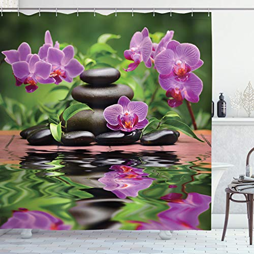 Ambesonne Spa Shower Curtain, Basalt Stones and Orchid Reflecting on Water Greenery Wellbeing Tropical, Cloth Fabric Bathroom Decor Set with Hooks, 69" W x 70" L, Green Fern