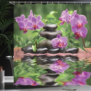 Ambesonne Spa Shower Curtain, Basalt Stones and Orchid Reflecting on Water Greenery Wellbeing Tropical, Cloth Fabric Bathroom Decor Set with Hooks, 69" W x 70" L, Green Fern