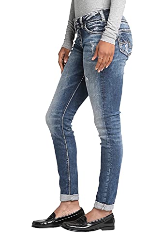 Silver Jeans Co. Women's Girlfriend Mid Rise Skinny Jeans, Medium Marble Wash, 30W x 29L