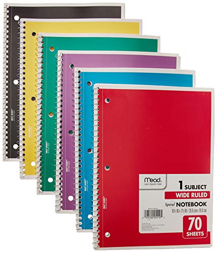 Mead Spiral Notebook, Wide Ruled, 1 Subject, 70 Sheets, 24 PACK