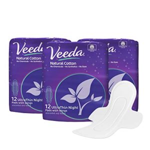 veeda ultra thin super absorbent night pads are always chlorine, dye and fragrance free, natural cotton sanitary napkins,3 packs of 12 count each