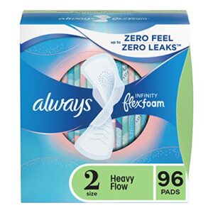 always infinity feminine pads for women, size 2 heavy flow absorbency, multipack, with flexfoam, with wings, unscented, 32 count x 3 packs (96 count total)